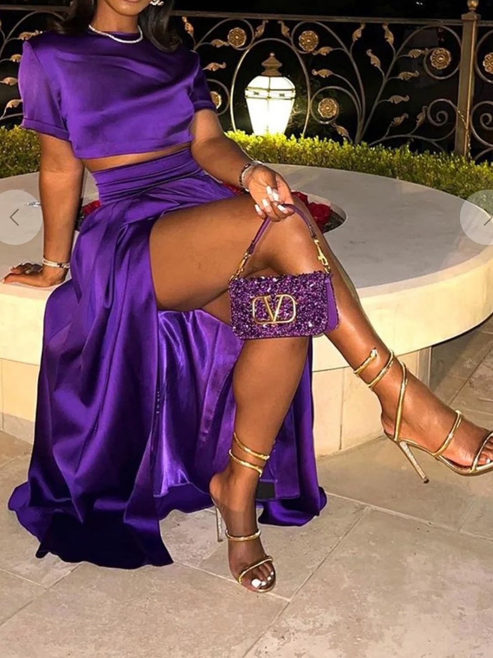 Satin High-Slit Maxi Skirt Set - Purple